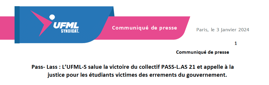 Pass-Lass : L'UFML-S salue la victoire du collectif PASS-L.AS 21 et appelle à la justice pour les étudiants victimes des errements du gouvernement.
