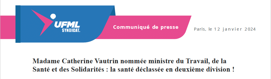 Madame Catherine Vautrin nommée ministre du Travail, de la Santé et des Solidarités : la santé déclassée en 2ème division