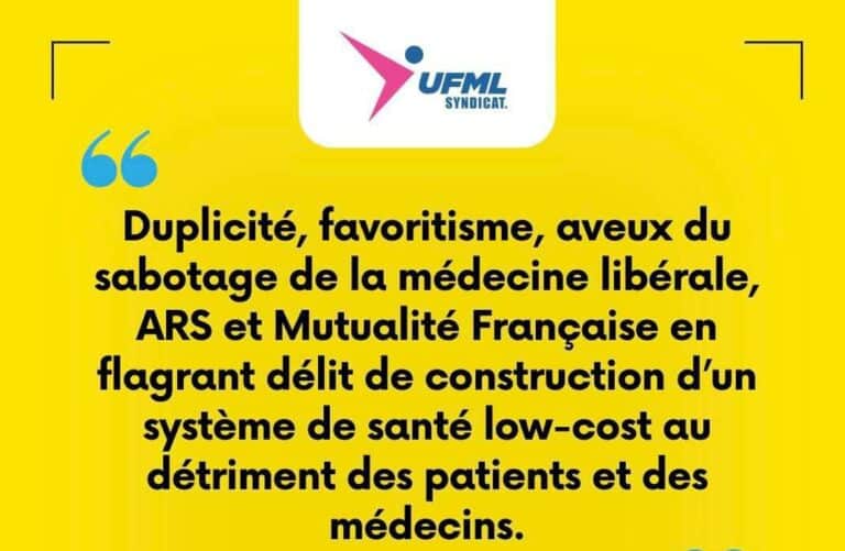 «&nbsp;Duplicité, favoritisme, aveux du sabotage de la médecine libérale, le gouvernement (au travers des ARS) et la Mutualité Française en flagrant délit de construction d’un système de santé low-cost au détriment des patients et des médecins.&nbsp;»- Communiqué de presse UFMLS du 7 février 2024.